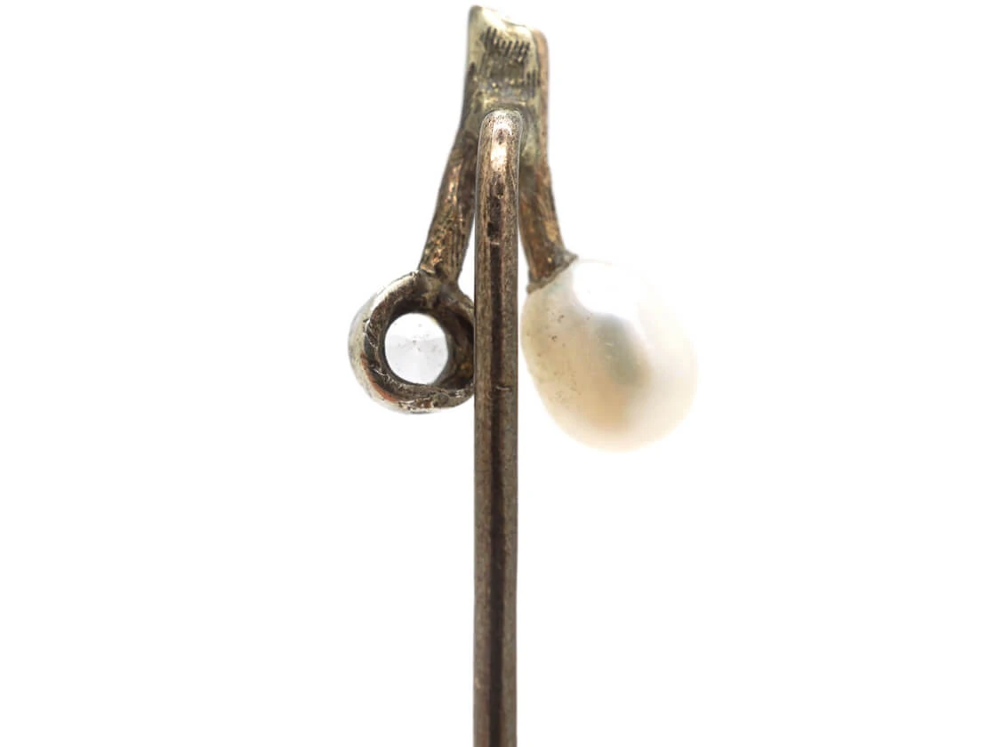 Edwardian 9ct Gold Diamond & Pearl Sprig Tie Pin 6 Edwardian 9ct Gold Diamond & Pearl Sprig Tie Pin - Image 4