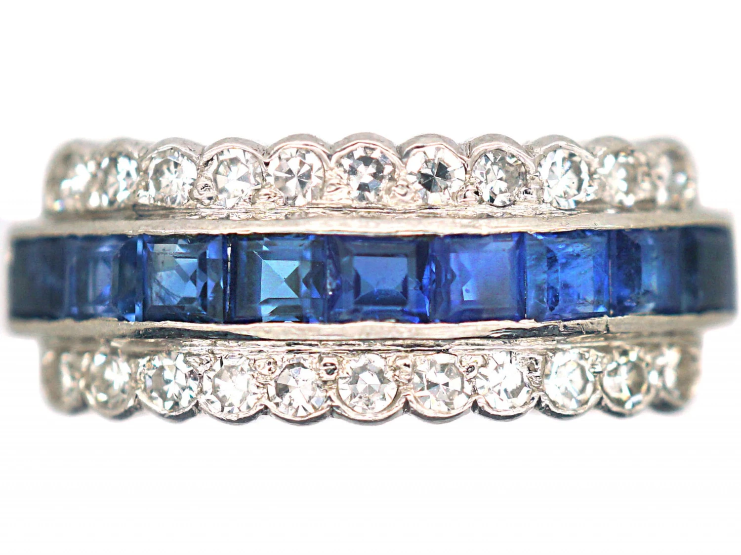Art Deco Platinum Sapphire & Diamond Three Row Ring 3 Art Deco Platinum Sapphire & Diamond Three Row Ring