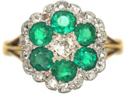Edwardian 18ct Gold, Emerald & Diamond Flower Cluster Ring