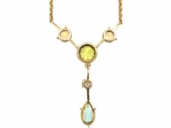 Art Deco 18ct Gold Aquamarine, Peridot, Diamond & Topaz Necklace 5 Art Deco 18ct Gold Aquamarine, Peridot, Diamond & Topaz Necklace -Antique Jewellery Company 96686126 dsc00429 scaled 1