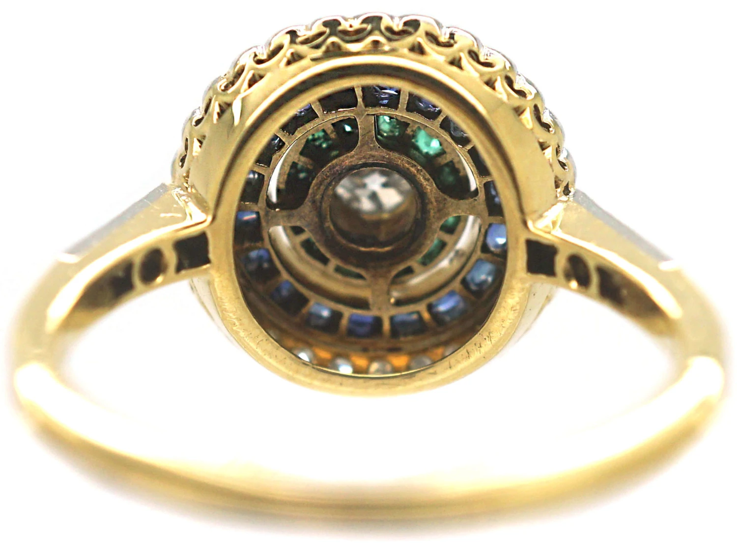 Art Deco 18ct Gold & Platinum, Diamond Emerald & Sapphire Target Ring 7 Art Deco 18ct Gold & Platinum, Diamond Emerald & Sapphire Target Ring - Image 5