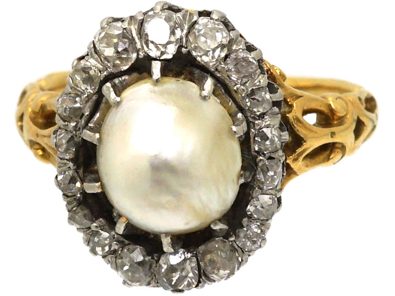 Victorian 18ct Gold, Natural Pearl & Old Mine Cut Diamond Cluster Ring 8 Victorian 18ct Gold, Natural Pearl & Old Mine Cut Diamond Cluster Ring - Image 6