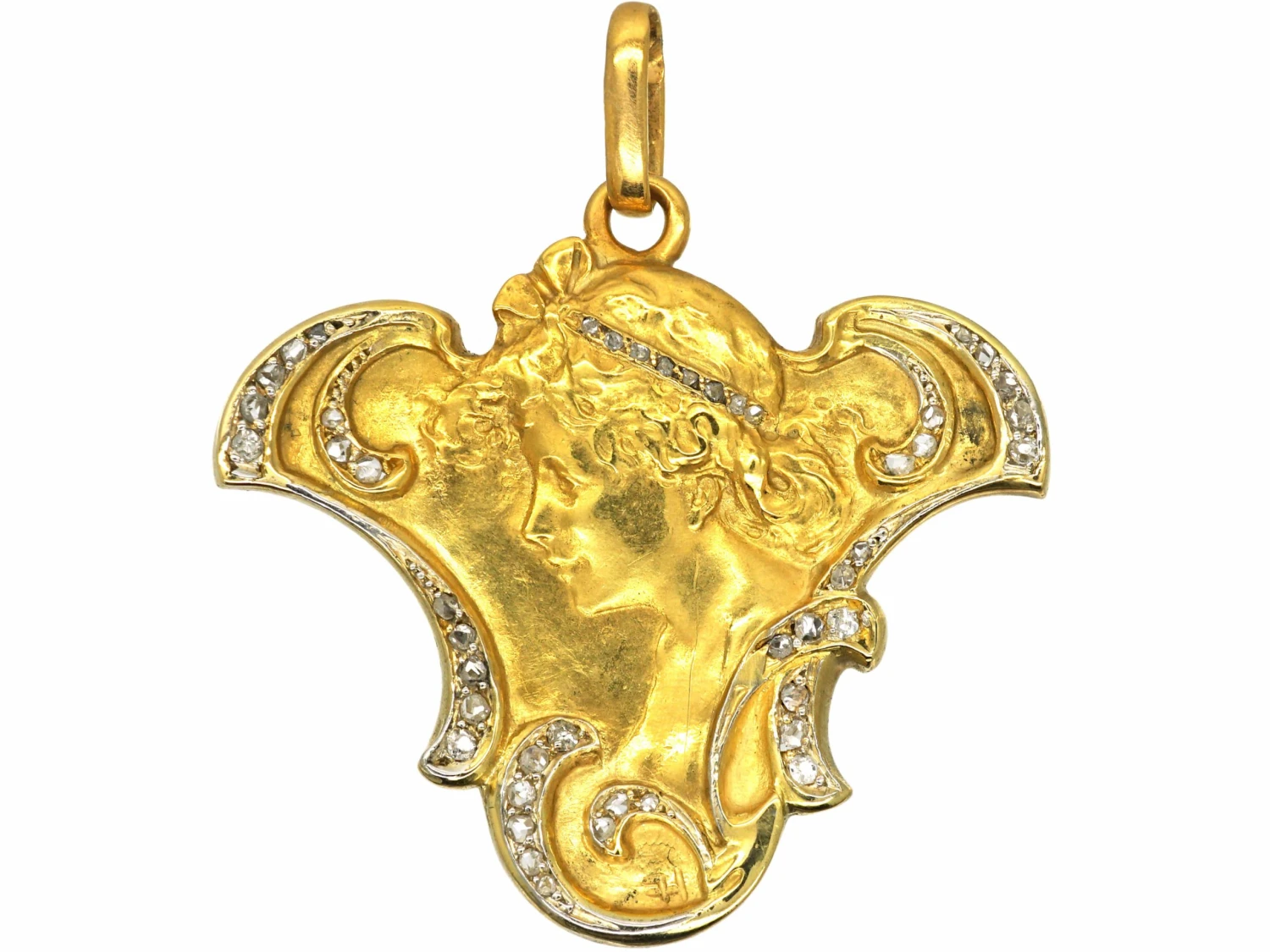 Art Nouveau 18ct Gold & Rose Diamond Pendant Of A Lady With Locket On Reverse 3 Art Nouveau 18ct Gold & Rose Diamond Pendant Of A Lady With Locket On Reverse