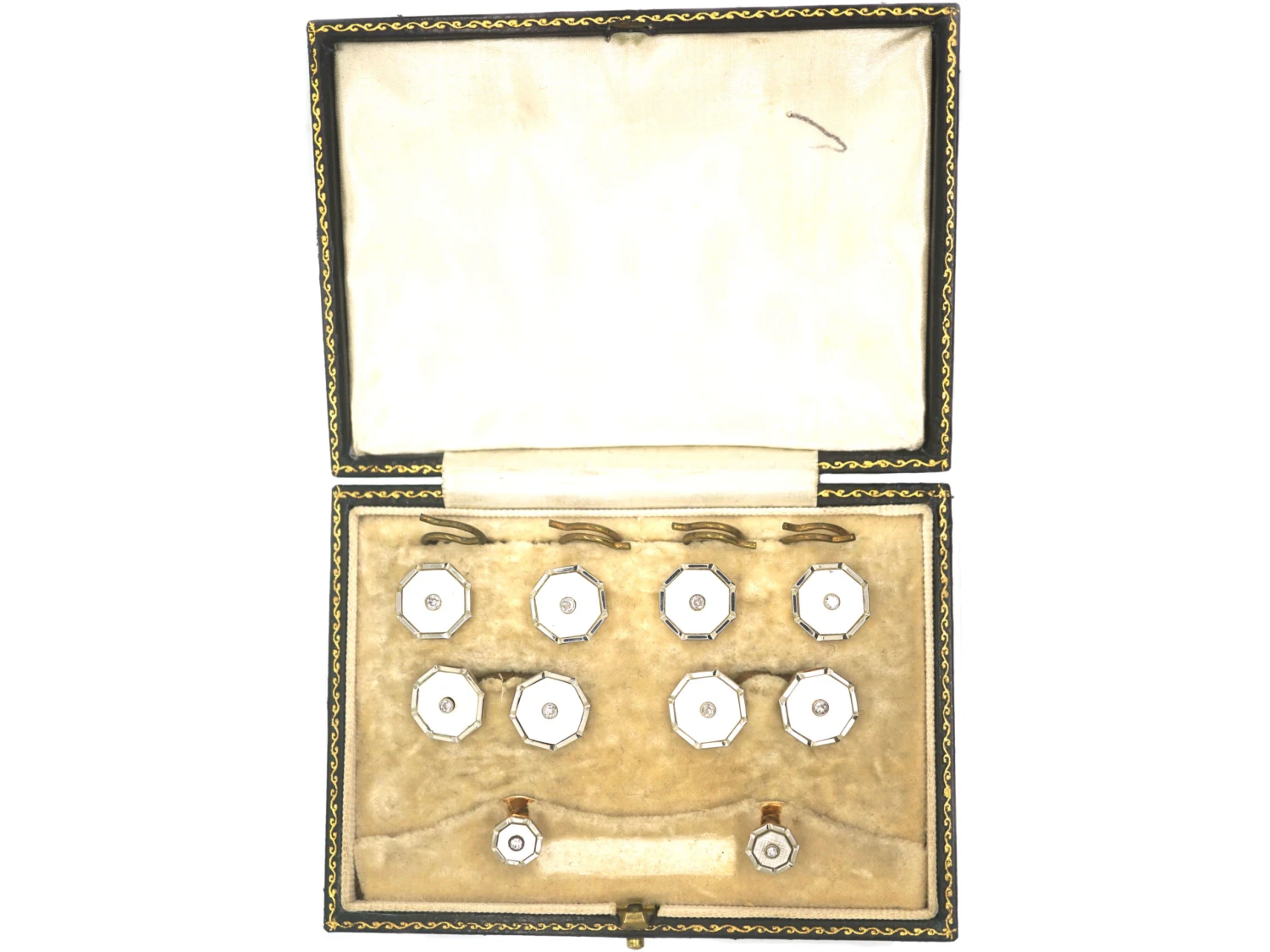 Art Deco 9ct Yellow Gold & 18ct White Gold, Mother Of Pearl & Diamonds Cufflinks & Studs Dress Set In Original Case 5 Art Deco 9ct Yellow Gold & 18ct White Gold, Mother Of Pearl & Diamonds Cufflinks & Studs Dress Set In Original Case - Image 3