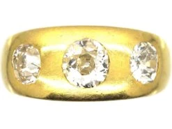 Victorian 18ct Gold, Three Stone Old Mine Cut Diamond Rub Over Set Ring