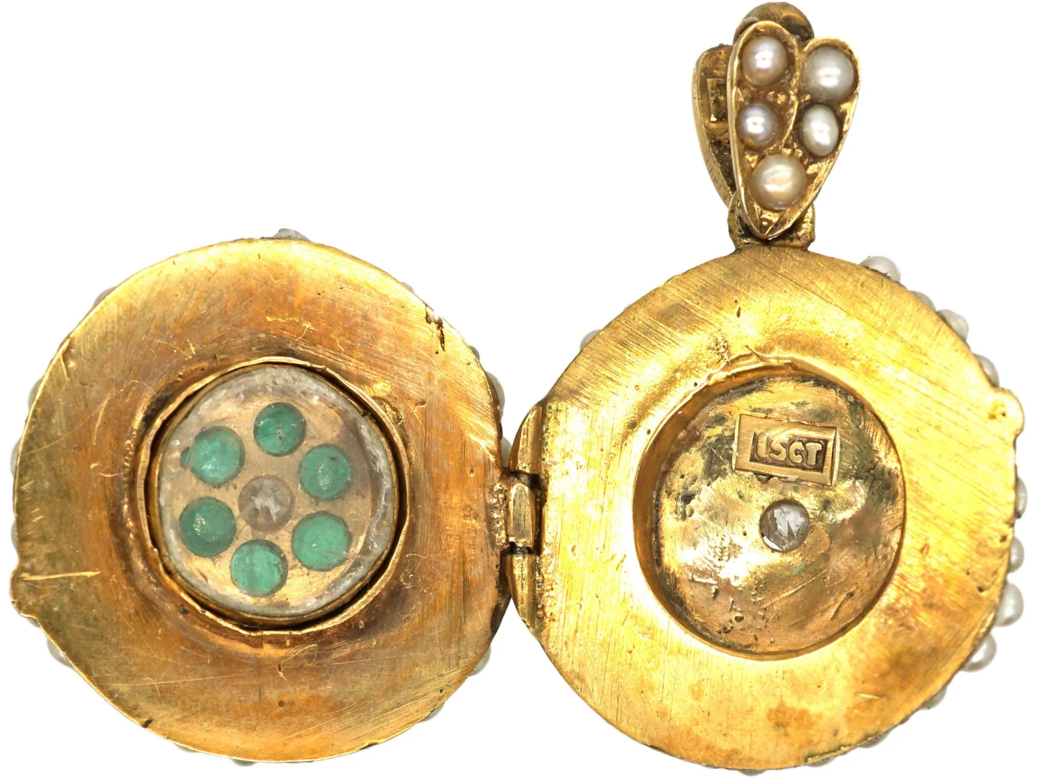Edwardian 15ct Gold Double Sided Round Locket Set With Pearls, Emeralds & Diamonds 4 Edwardian 15ct Gold Double Sided Round Locket Set With Pearls, Emeralds & Diamonds - Image 2