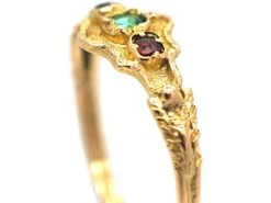 Regency 15ct Gold Emerald & Ruby Three Stone Ring With Ornate Gold Decoration -Antique Jewellery Company 9e929751 dsc07148 scaled 1