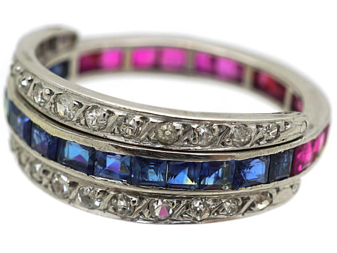 Art Deco 18ct White Gold Ruby, Diamond & Sapphire Flipover Ring 8 Art Deco 18ct White Gold Ruby, Diamond & Sapphire Flipover Ring - Image 6