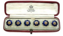 Victorian 18ct Gold & Blue Enamel Buttons In Original Case