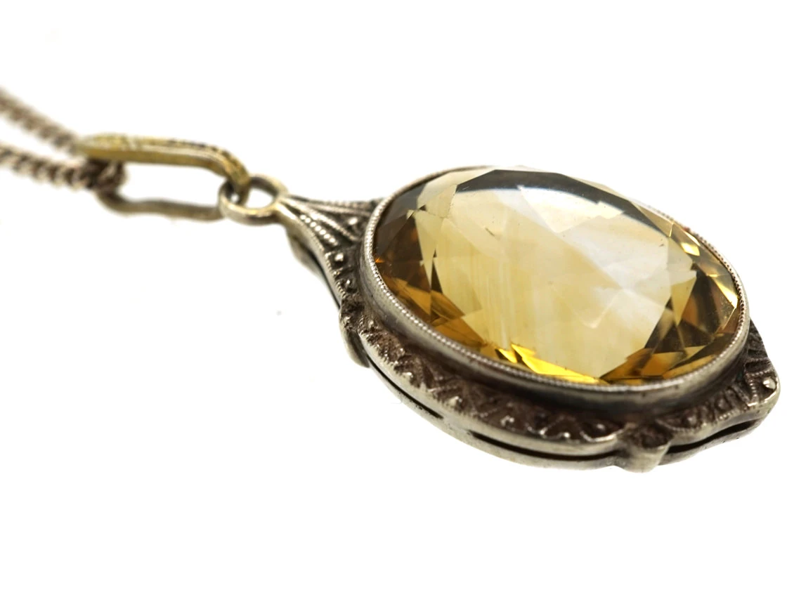Silver Art Deco Pendant Set With A Citrine On A Silver Chain 4 Silver Art Deco Pendant Set With A Citrine On A Silver Chain - Image 2