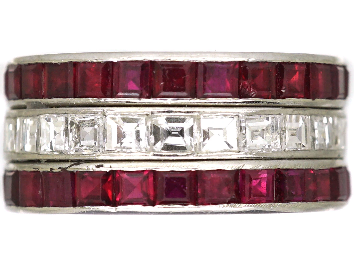 French Art Deco Platinum, Ruby & Diamond Triple Row Ring 3 French Art Deco Platinum, Ruby & Diamond Triple Row Ring
