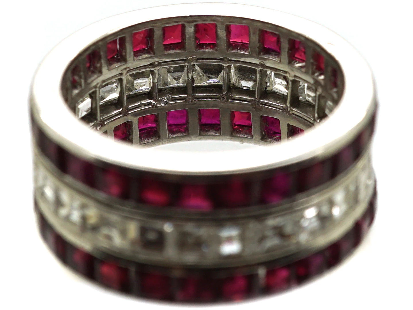 French Art Deco Platinum, Ruby & Diamond Triple Row Ring 5 French Art Deco Platinum, Ruby & Diamond Triple Row Ring - Image 3