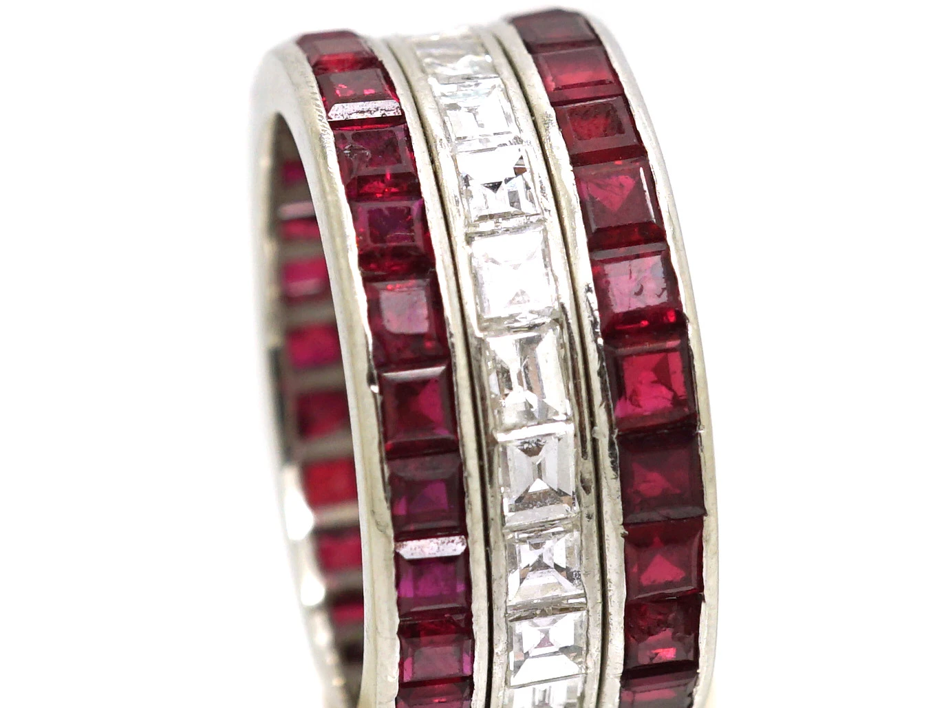 French Art Deco Platinum, Ruby & Diamond Triple Row Ring 7 French Art Deco Platinum, Ruby & Diamond Triple Row Ring - Image 5