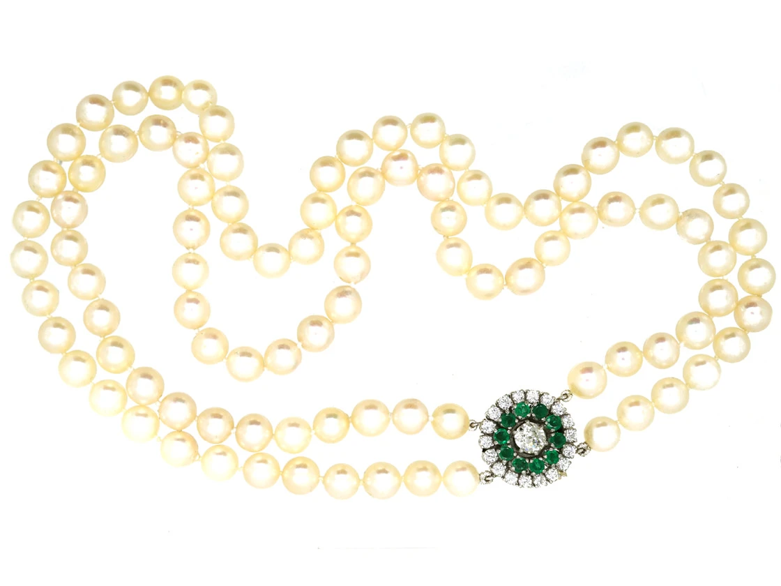 Cultured Pearl Double Strand Necklace With Emerald & Diamond Clasp 3 Cultured Pearl Double Strand Necklace With Emerald & Diamond Clasp