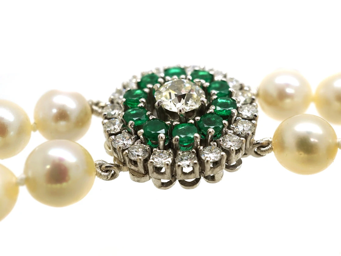 Cultured Pearl Double Strand Necklace With Emerald & Diamond Clasp 7 Cultured Pearl Double Strand Necklace With Emerald & Diamond Clasp - Image 5