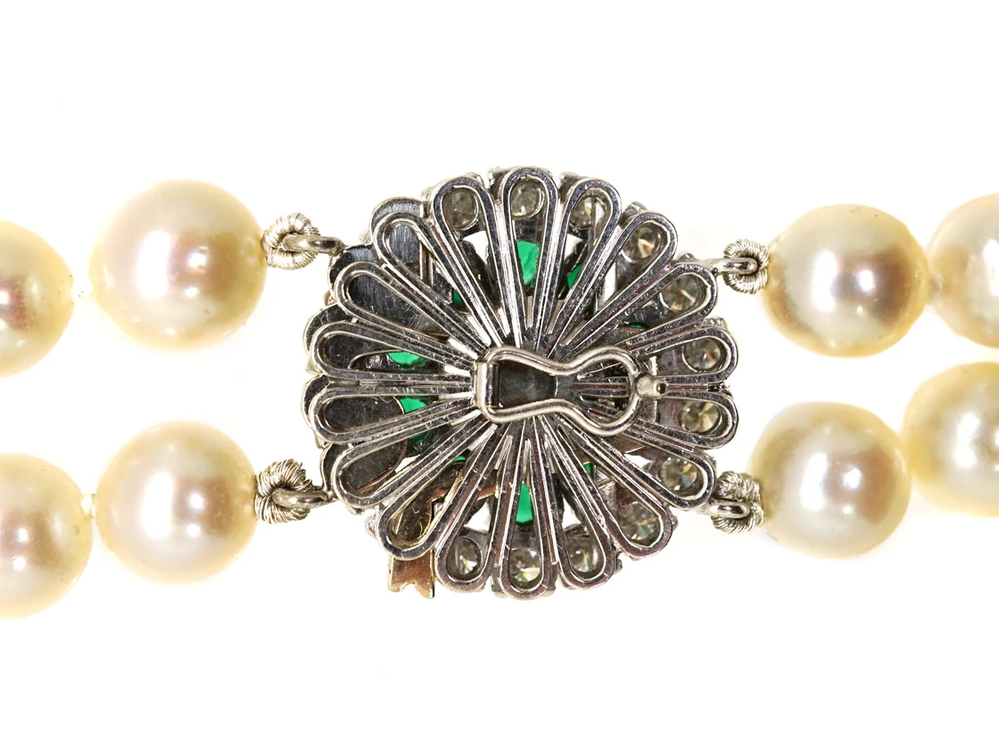 Cultured Pearl Double Strand Necklace With Emerald & Diamond Clasp 6 Cultured Pearl Double Strand Necklace With Emerald & Diamond Clasp - Image 4