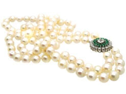 Cultured Pearl Double Strand Necklace With Emerald & Diamond Clasp 10 Cultured Pearl Double Strand Necklace With Emerald & Diamond Clasp -Antique Jewellery Company DSC00149 1