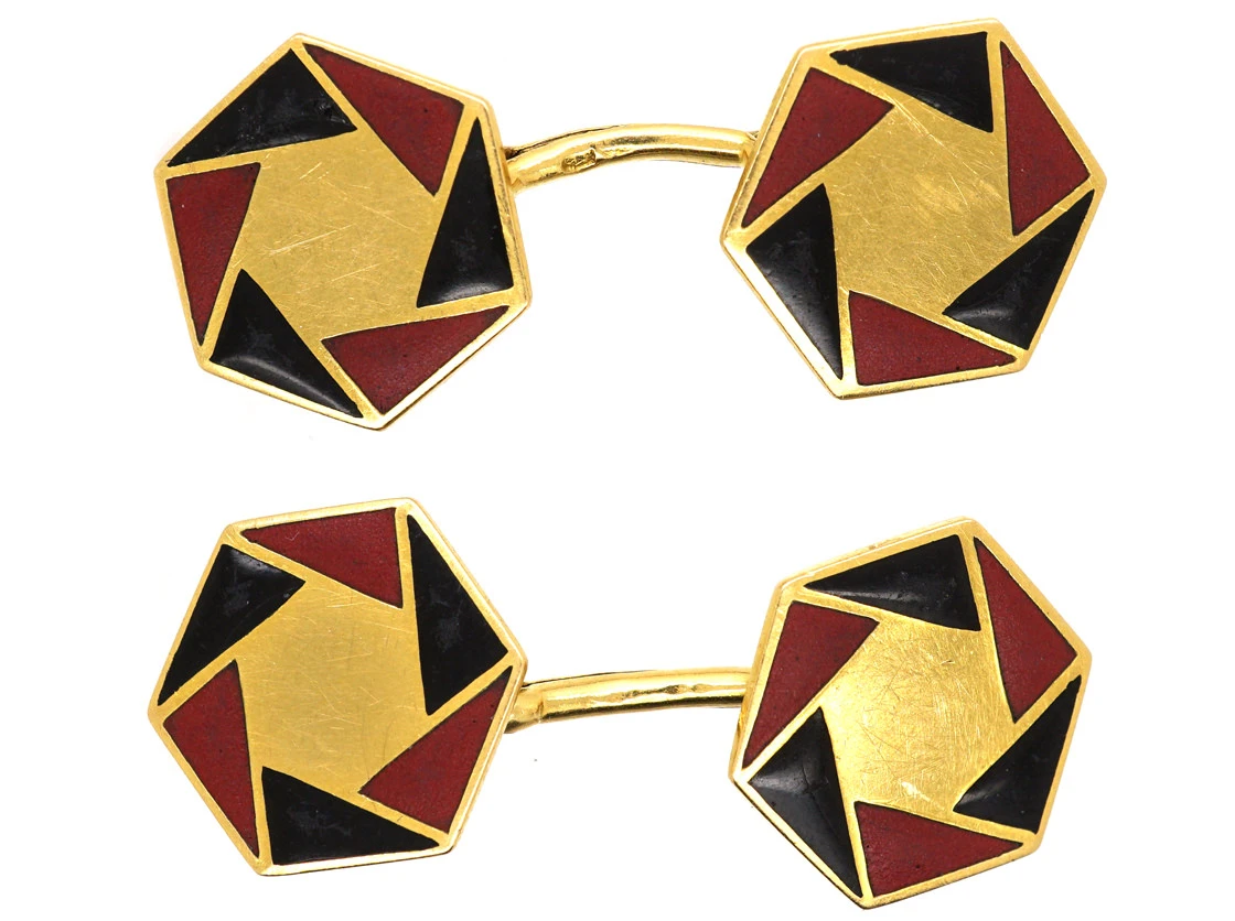 French Art Deco 18ct Gold, Red & Black Enamel Octagonal Cufflinks 3 French Art Deco 18ct Gold, Red & Black Enamel Octagonal Cufflinks