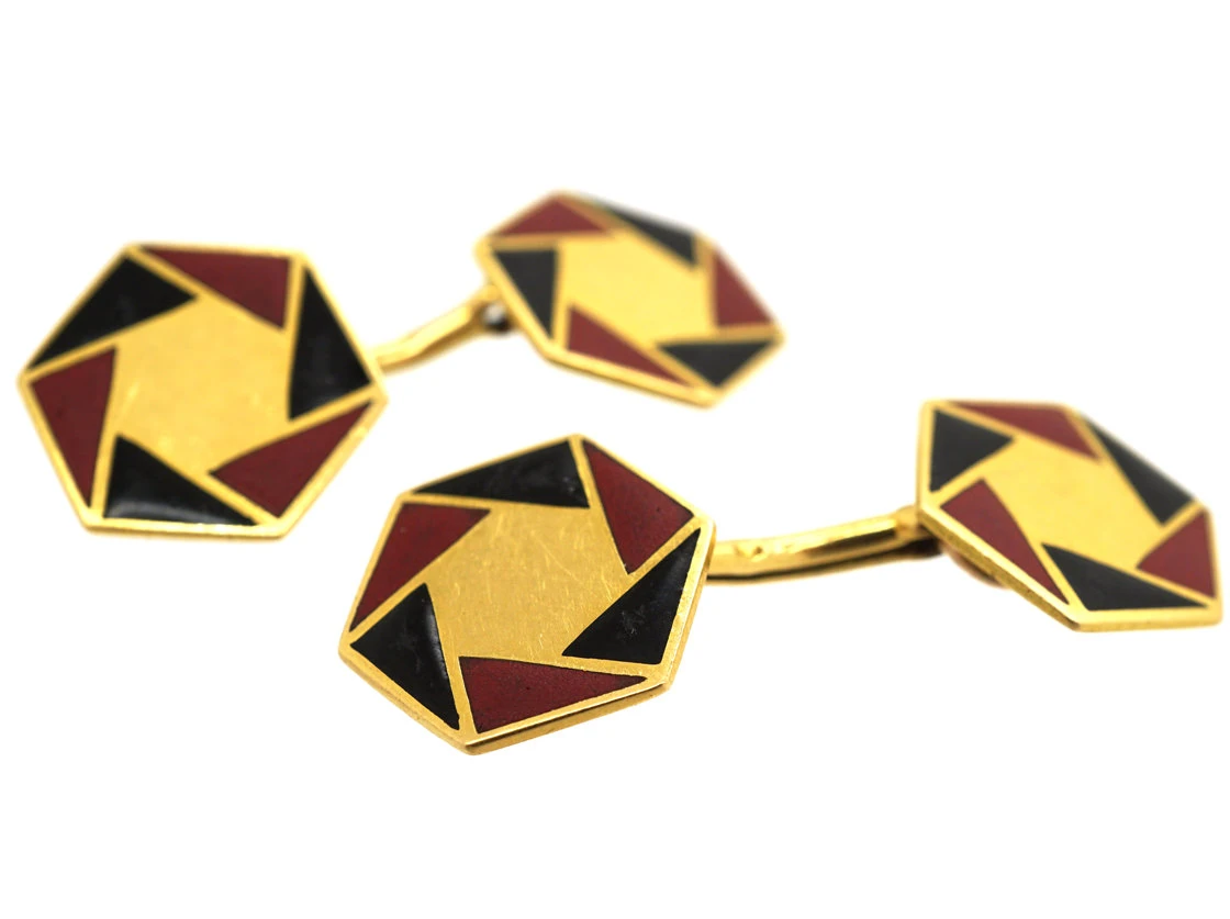 French Art Deco 18ct Gold, Red & Black Enamel Octagonal Cufflinks 4 French Art Deco 18ct Gold, Red & Black Enamel Octagonal Cufflinks - Image 2