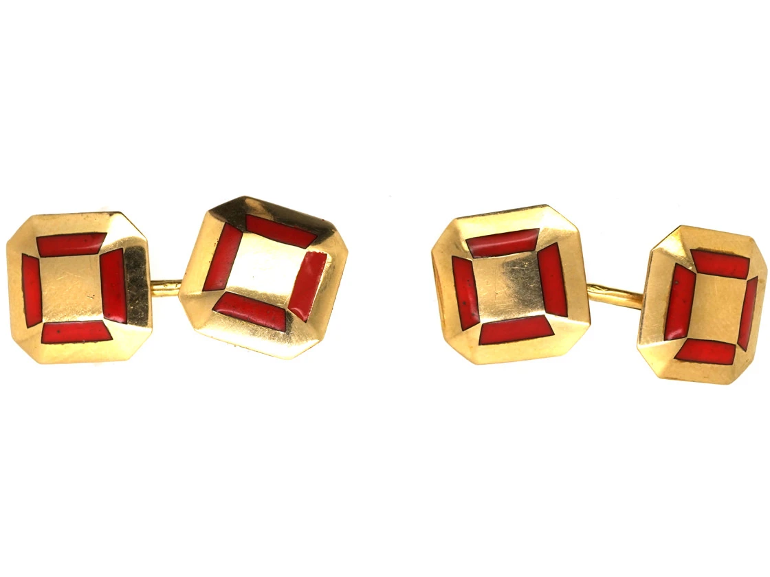 French Art Deco 18ct Gold & Red Enamel Octagonal Cufflinks 3 French Art Deco 18ct Gold & Red Enamel Octagonal Cufflinks