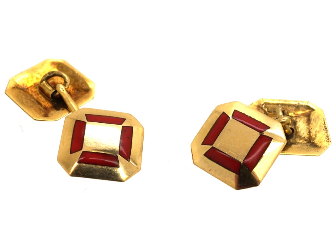 French Art Deco 18ct Gold & Red Enamel Octagonal Cufflinks 4 French Art Deco 18ct Gold & Red Enamel Octagonal Cufflinks - Image 2