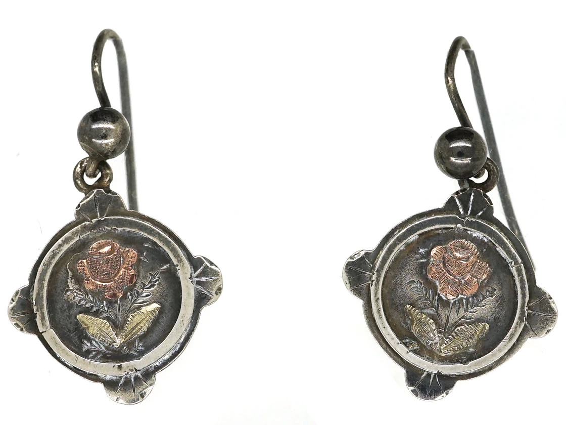 Victorian Silver & Gold Overlay Rose Motif Drop Earrings 3 Victorian Silver & Gold Overlay Rose Motif Drop Earrings