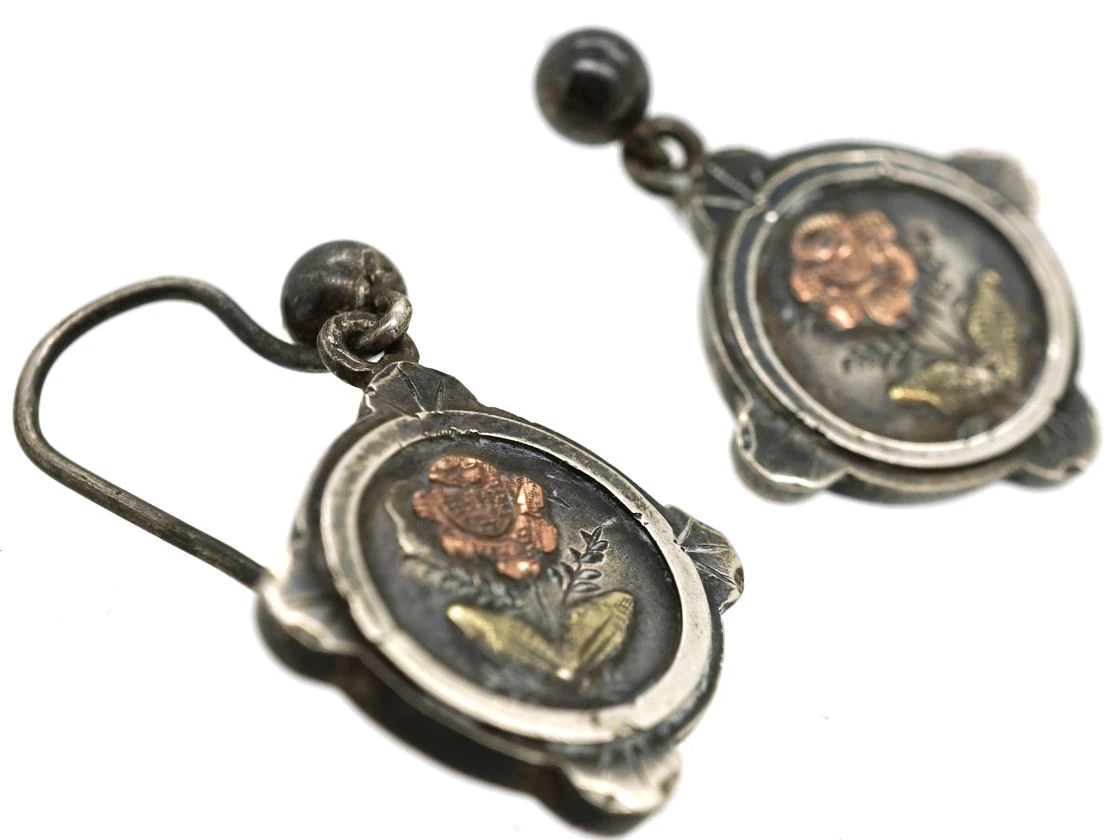 Victorian Silver & Gold Overlay Rose Motif Drop Earrings 4 Victorian Silver & Gold Overlay Rose Motif Drop Earrings - Image 2