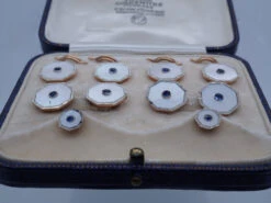 9ct & 18ct Gold Dress Set With Cufflinks Buttons & Studs Set With Mother Of Pearl & Sapphires -Antique Jewellery Company DSC00456