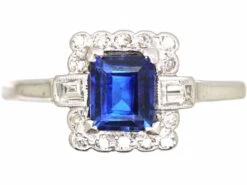 Art Deco 18ct White Gold, Rectangular Cut Sapphire & Diamond Ring