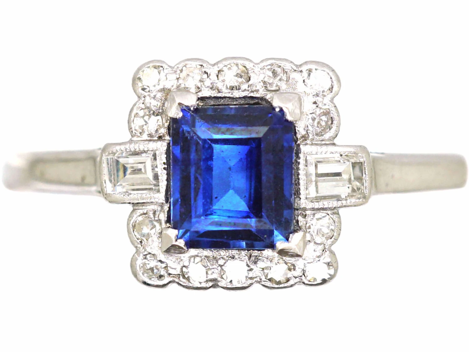 Art Deco 18ct White Gold, Rectangular Cut Sapphire & Diamond Ring 3 Art Deco 18ct White Gold, Rectangular Cut Sapphire & Diamond Ring