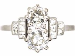 Art Deco Platinum Two Stone Diamond Ring With French Cut Diamond Set Shoulders