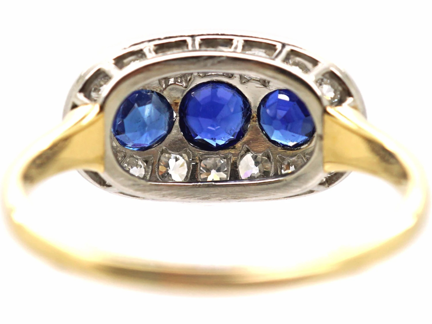 Edwardian 18ct & Platinum, Three Stone Sapphire & Diamond Oval Boat Shaped Ring 5 Edwardian 18ct & Platinum, Three Stone Sapphire & Diamond Oval Boat Shaped Ring - Image 3