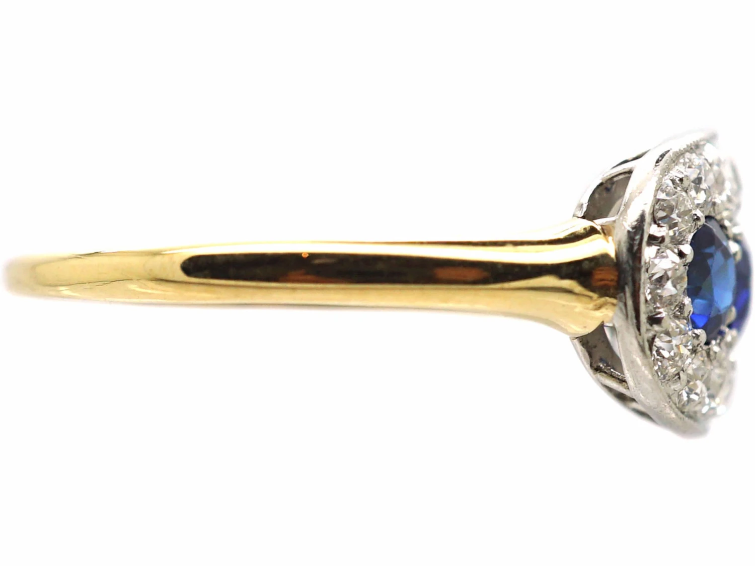 Edwardian 18ct & Platinum, Three Stone Sapphire & Diamond Oval Boat Shaped Ring 4 Edwardian 18ct & Platinum, Three Stone Sapphire & Diamond Oval Boat Shaped Ring - Image 2