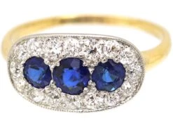 Edwardian 18ct & Platinum, Three Stone Sapphire & Diamond Oval Boat Shaped Ring 13 Edwardian 18ct & Platinum, Three Stone Sapphire & Diamond Oval Boat Shaped Ring -Antique Jewellery Company DSC00579 scaled 1
