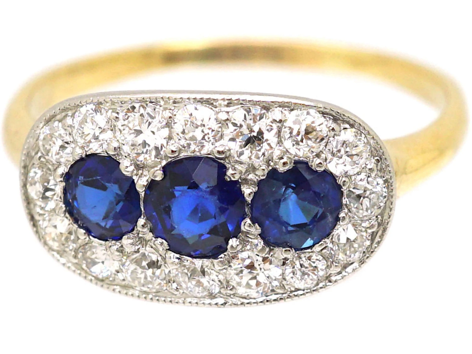 Edwardian 18ct & Platinum, Three Stone Sapphire & Diamond Oval Boat Shaped Ring 8 Edwardian 18ct & Platinum, Three Stone Sapphire & Diamond Oval Boat Shaped Ring - Image 6