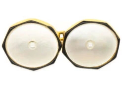 Art Deco 9ct Gold , Black Enamel, Natural Pearl & Mother Of Pearl Dress Set In Asprey Case -Antique Jewellery Company DSC00660