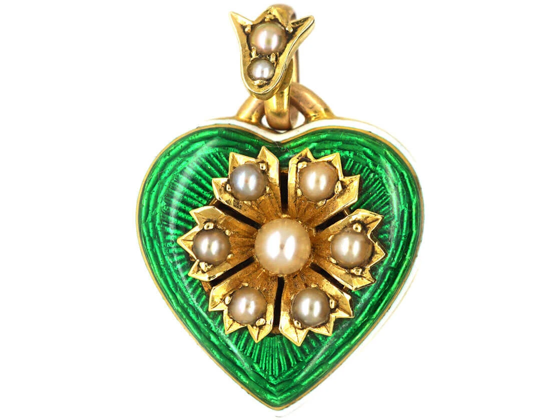 Edwardian 15ct Gold, Enamel & Natural Split Pearl Heart Pendant With Locket Back 3 Edwardian 15ct Gold, Enamel & Natural Split Pearl Heart Pendant With Locket Back