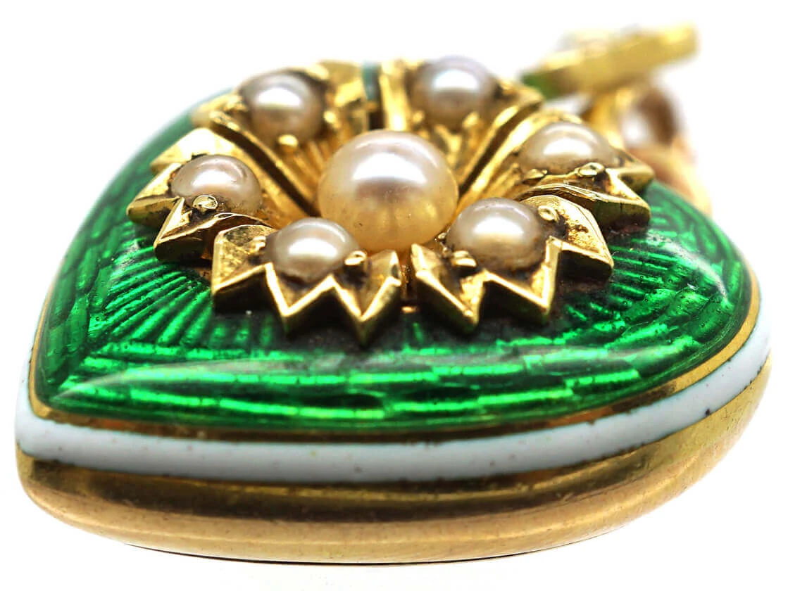 Edwardian 15ct Gold, Enamel & Natural Split Pearl Heart Pendant With Locket Back 5 Edwardian 15ct Gold, Enamel & Natural Split Pearl Heart Pendant With Locket Back - Image 3