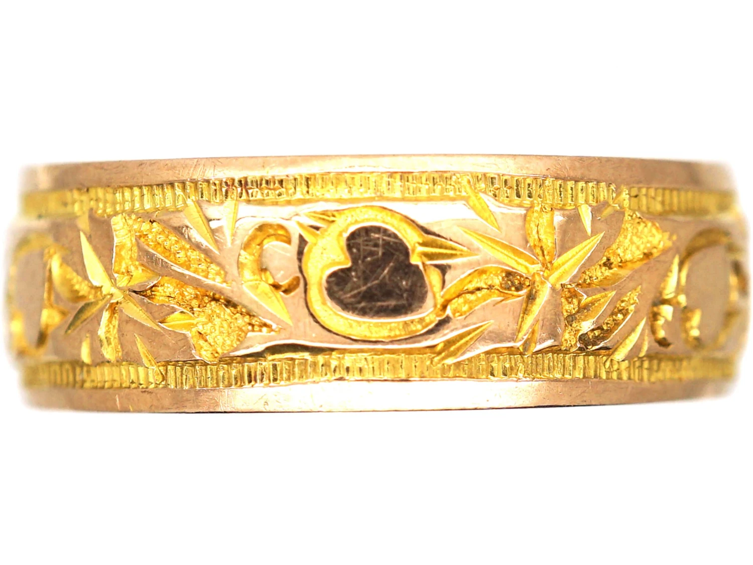 Edwardian 9ct Gold Wedding Ring Engraved With Hearts & Ivy Leaves 3 Edwardian 9ct Gold Wedding Ring Engraved With Hearts & Ivy Leaves