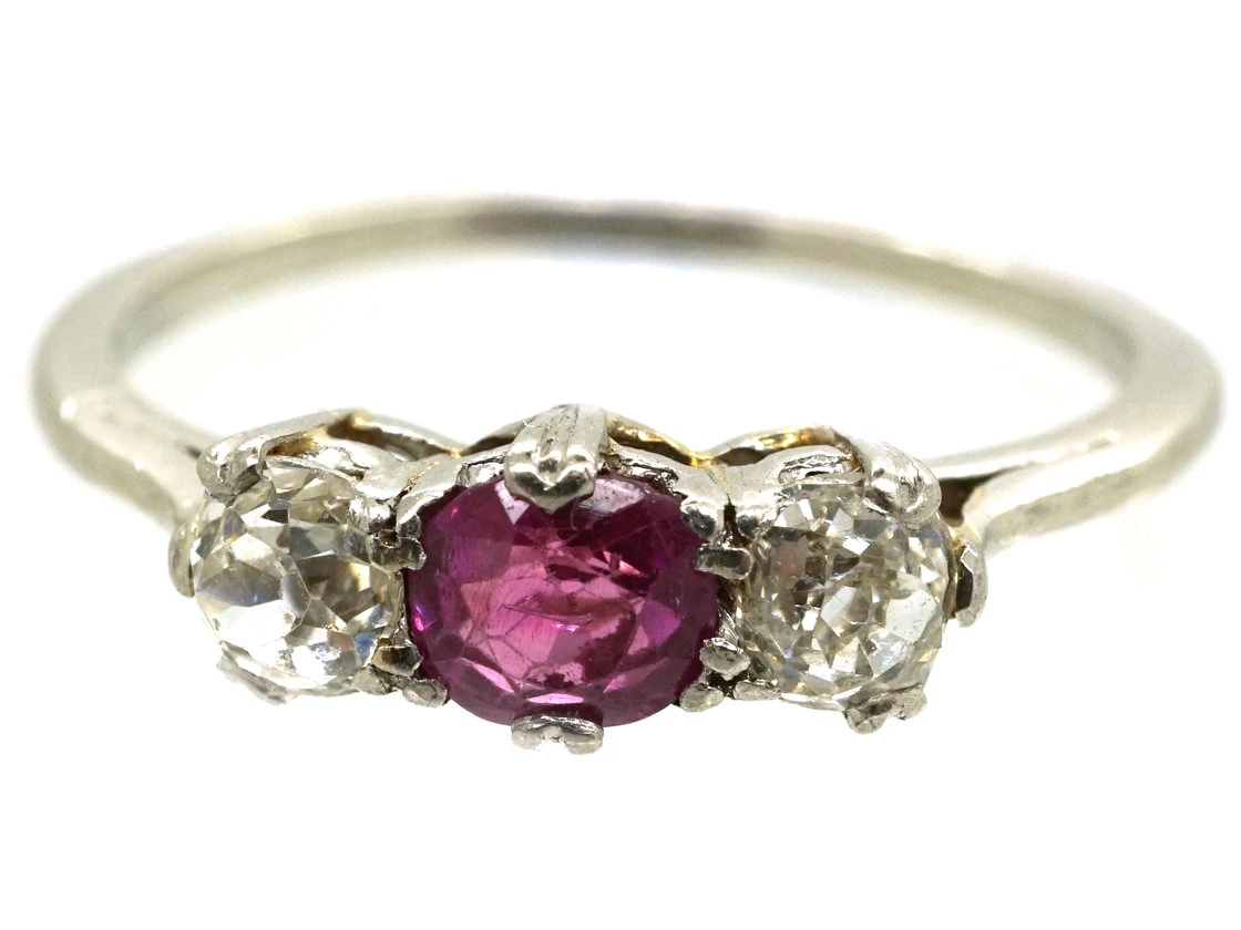 Platinum, Ruby & Diamond Three Stone Ring 4 Platinum, Ruby & Diamond Three Stone Ring - Image 2