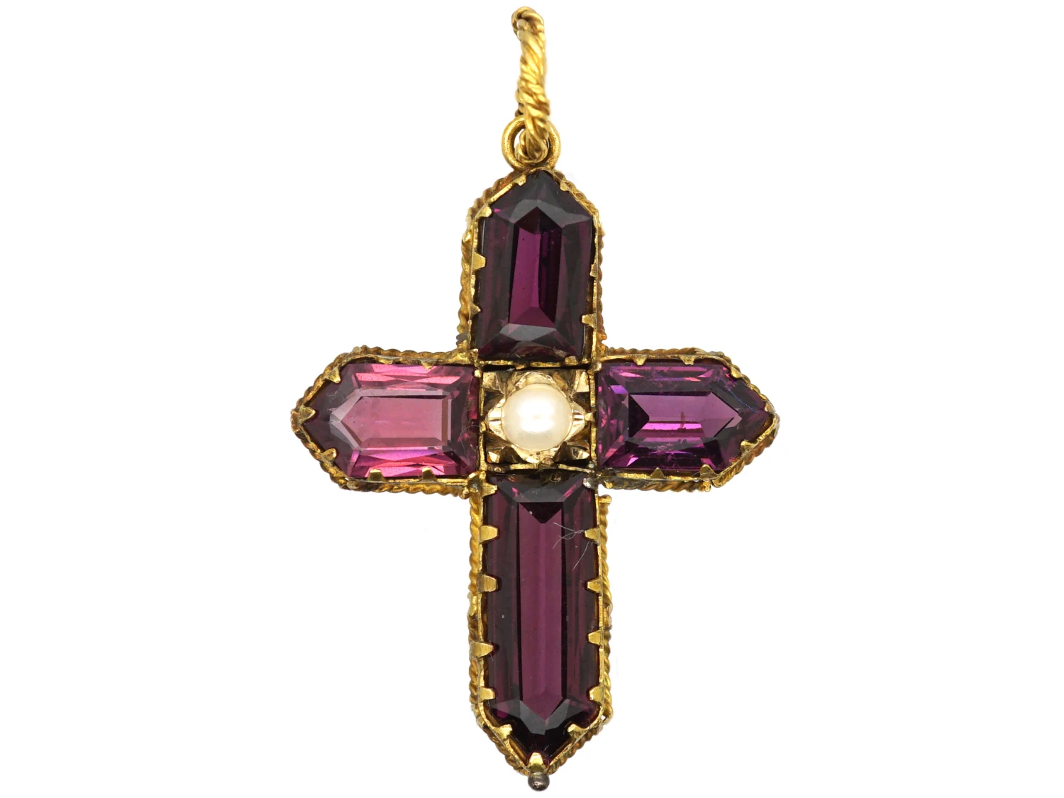Early Victorian 15ct Gold Cross Set With Almandine Garnets & A Split Pearl 3 Early Victorian 15ct Gold Cross Set With Almandine Garnets & A Split Pearl
