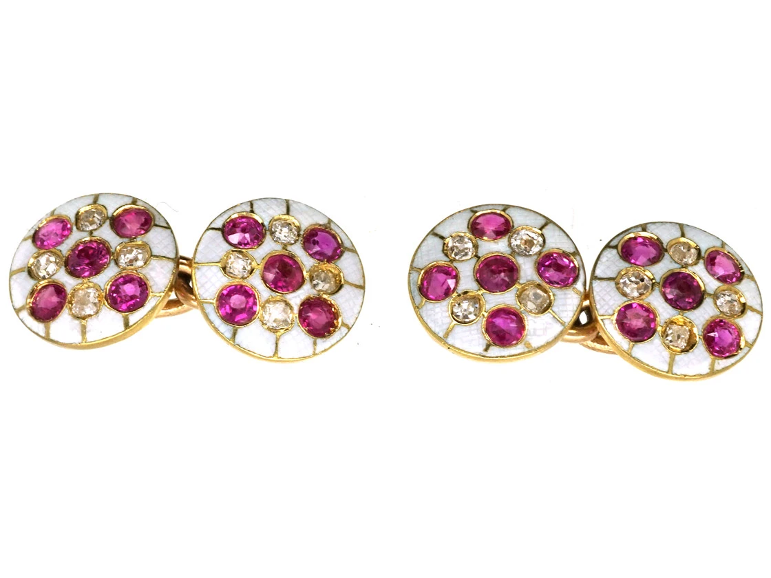 Edwardian 18ct Gold Diamond, Ruby & White Enamel Round Cufflinks 3 Edwardian 18ct Gold Diamond, Ruby & White Enamel Round Cufflinks