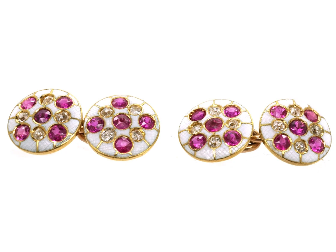 Edwardian 18ct Gold Diamond, Ruby & White Enamel Round Cufflinks 4 Edwardian 18ct Gold Diamond, Ruby & White Enamel Round Cufflinks - Image 2
