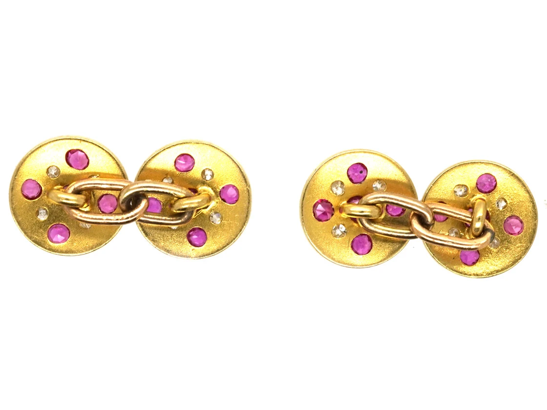 Edwardian 18ct Gold Diamond, Ruby & White Enamel Round Cufflinks 6 Edwardian 18ct Gold Diamond, Ruby & White Enamel Round Cufflinks - Image 4