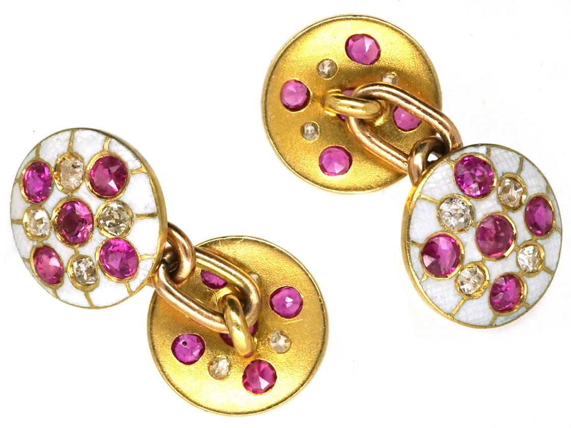 Edwardian 18ct Gold Diamond, Ruby & White Enamel Round Cufflinks 5 Edwardian 18ct Gold Diamond, Ruby & White Enamel Round Cufflinks - Image 3