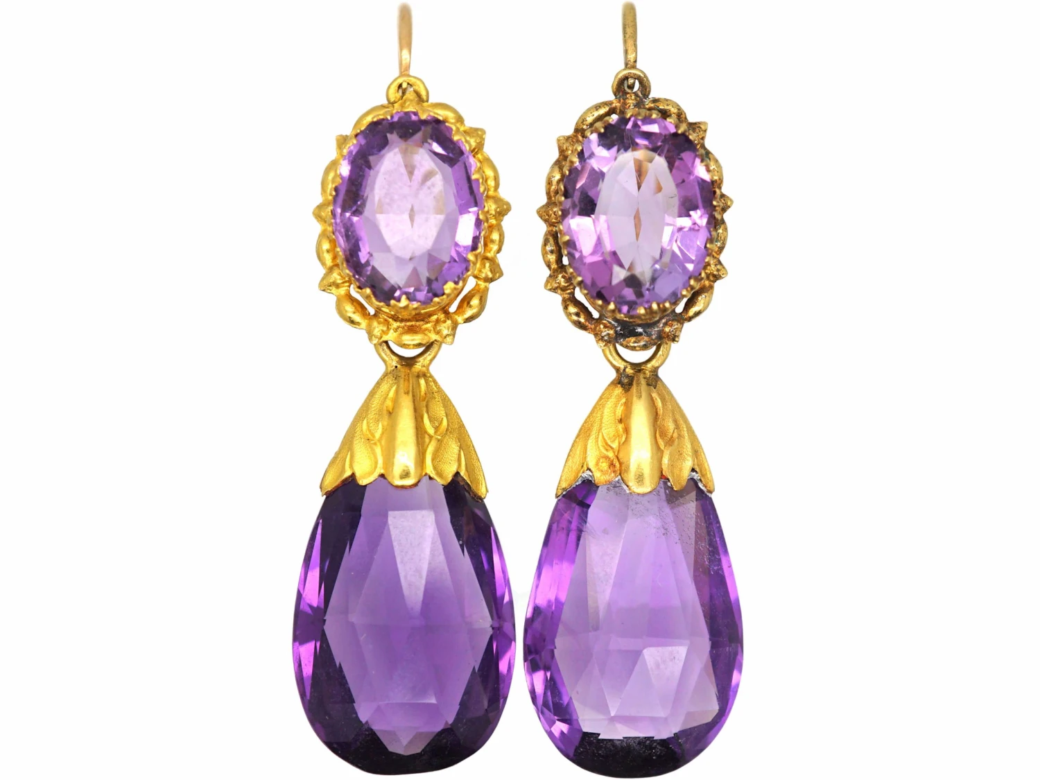 French Early 19th Century Three Colour 18ct Gold & Amethyst Drop Earrings 3 French Early 19th Century Three Colour 18ct Gold & Amethyst Drop Earrings