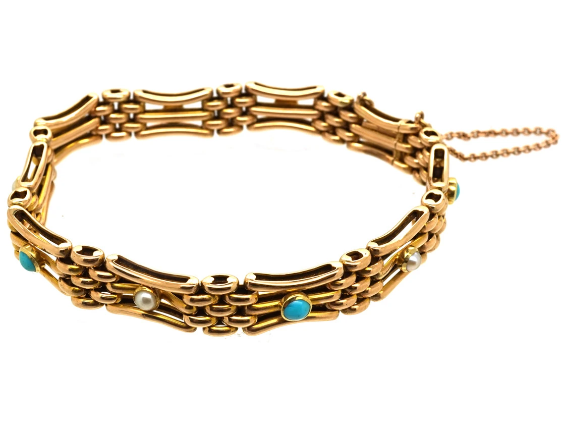 Edwardian 15ct Gold Gate Bracelet Set With Turquoise & Natural Split Pearls 3 Edwardian 15ct Gold Gate Bracelet Set With Turquoise & Natural Split Pearls