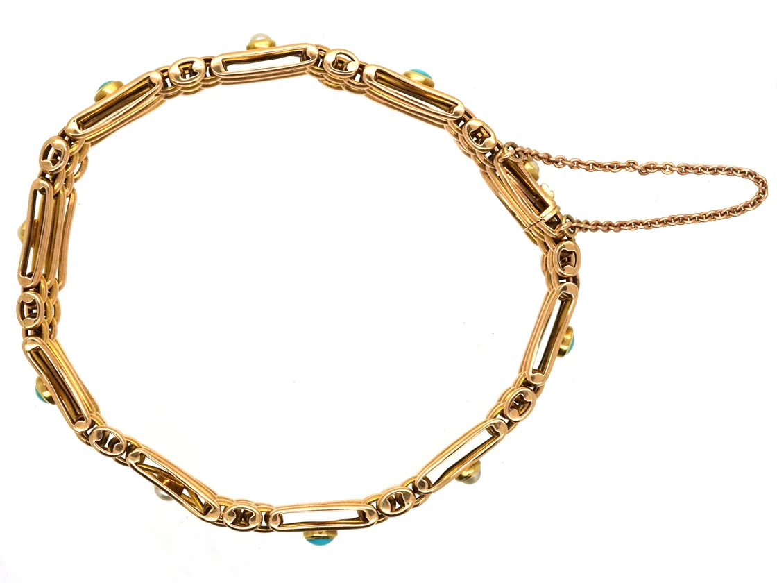 Edwardian 15ct Gold Gate Bracelet Set With Turquoise & Natural Split Pearls 4 Edwardian 15ct Gold Gate Bracelet Set With Turquoise & Natural Split Pearls - Image 2