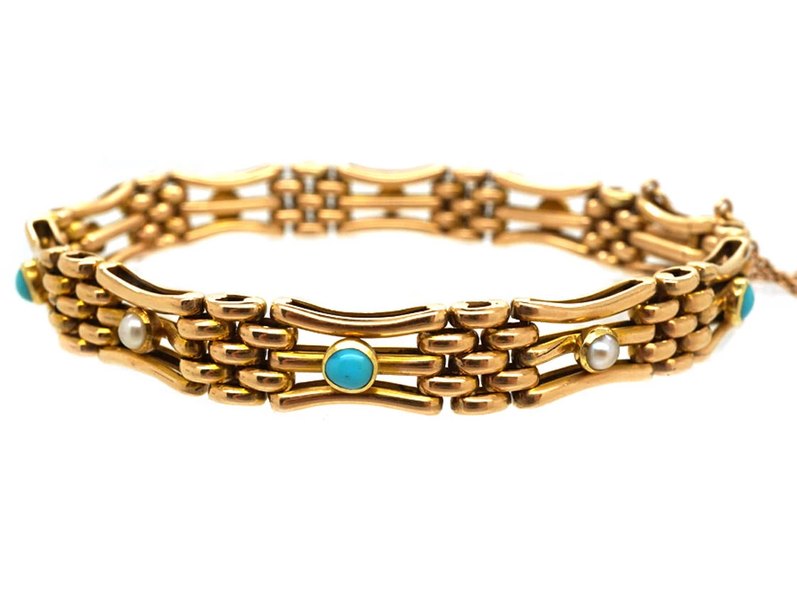 Edwardian 15ct Gold Gate Bracelet Set With Turquoise & Natural Split Pearls 5 Edwardian 15ct Gold Gate Bracelet Set With Turquoise & Natural Split Pearls - Image 3