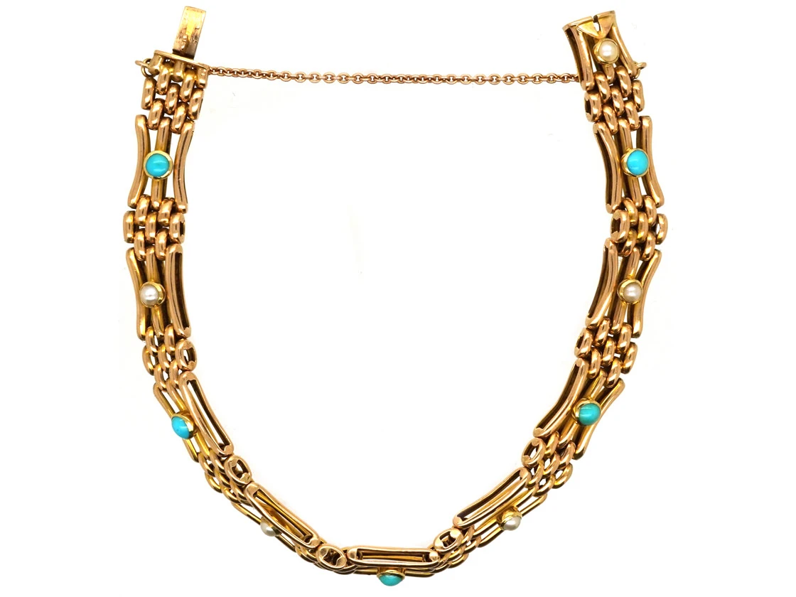 Edwardian 15ct Gold Gate Bracelet Set With Turquoise & Natural Split Pearls 8 Edwardian 15ct Gold Gate Bracelet Set With Turquoise & Natural Split Pearls - Image 6